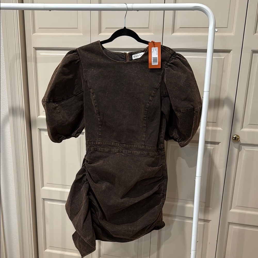 Rhode Brown Puff Sleeve Denim Dress